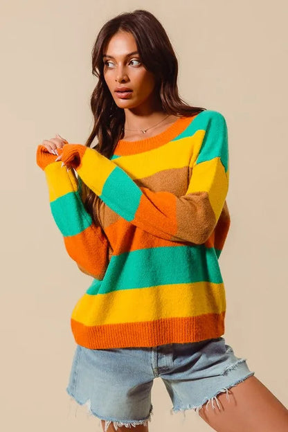 SO ME Multi Color Stripe Sweater with Ribbed Detail West2East Surf
