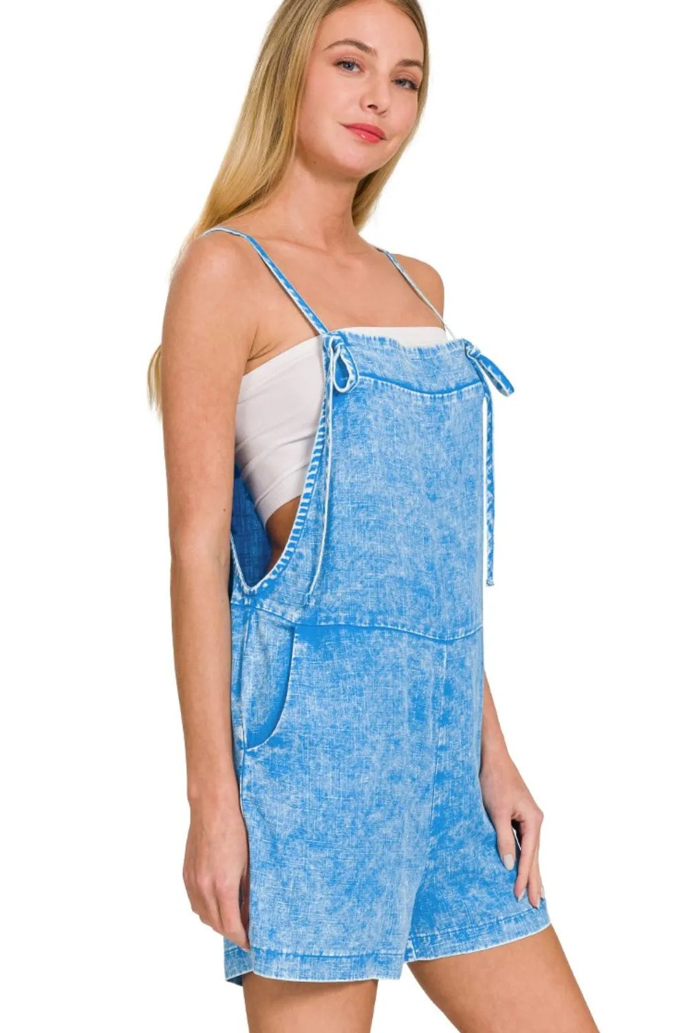 Zenana Washed Linen Knot Strap Rompers West2East Surf