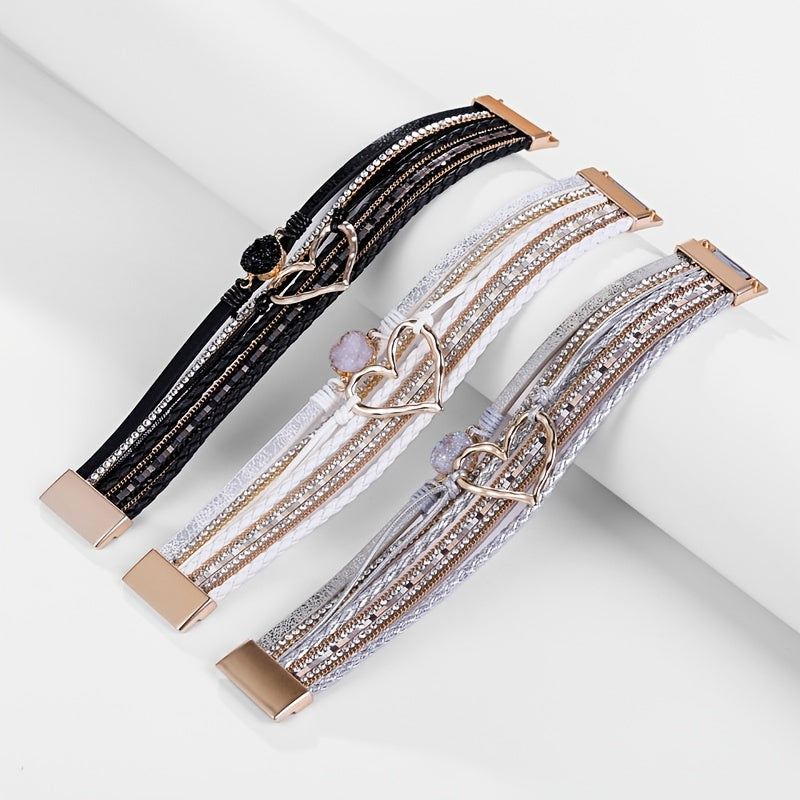 [Bohemian Heart Stone Bracelet] Bohemian Multi-Layer PU Leather Bracelet with Magnetic Clasp | Exaggerated Heart Stone Accent, Wide Cuff Statement Piece for Festival & Everyday, Style Layered Bangle - Year-Round Wear NovaCart