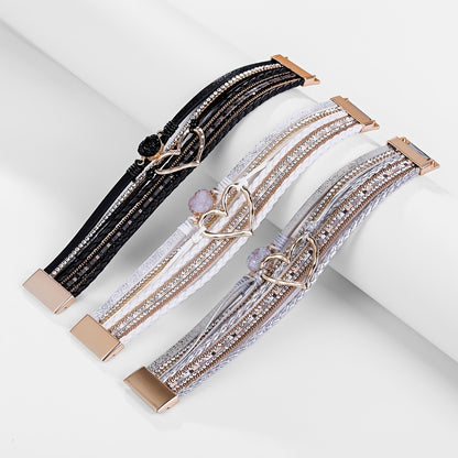 [Bohemian Heart Stone Bracelet] Bohemian Multi-Layer PU Leather Bracelet with Magnetic Clasp | Exaggerated Heart Stone Accent, Wide Cuff Statement Piece for Festival & Everyday, Style Layered Bangle - Year-Round Wear NovaCart