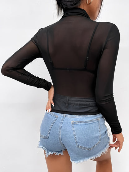 Solid Mesh Sheer T-Shirt, Casual Turtle Neck Long Sleeve T-Shirt, Casual Every Day Tops, Women's Clothing NovaCart