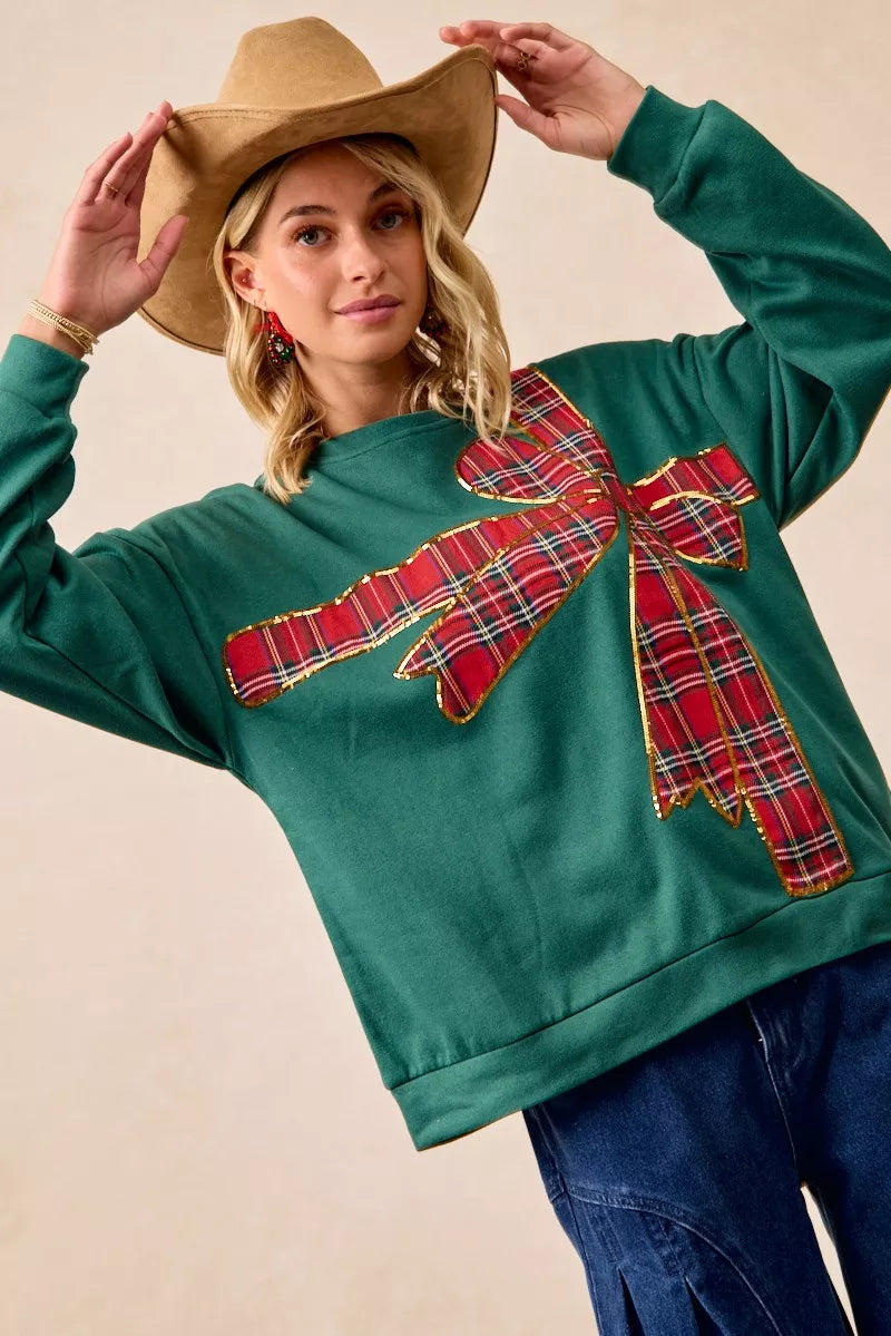 BiBi Plaid Ribbon Bow Detail Christmas Fleece Pullover FitiqueFit