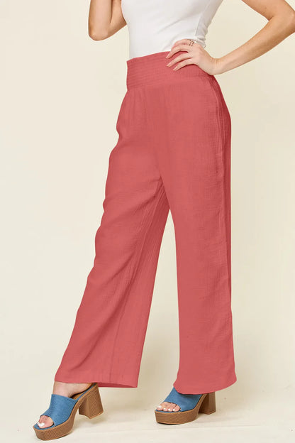 Double Take Full Size Texture Smocked Waist Wide Leg Pants New Era Fashion LLc