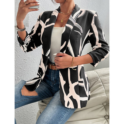 Women's Abstract Print Blazer Button Long Sleeve Work Jacket FitiqueFit