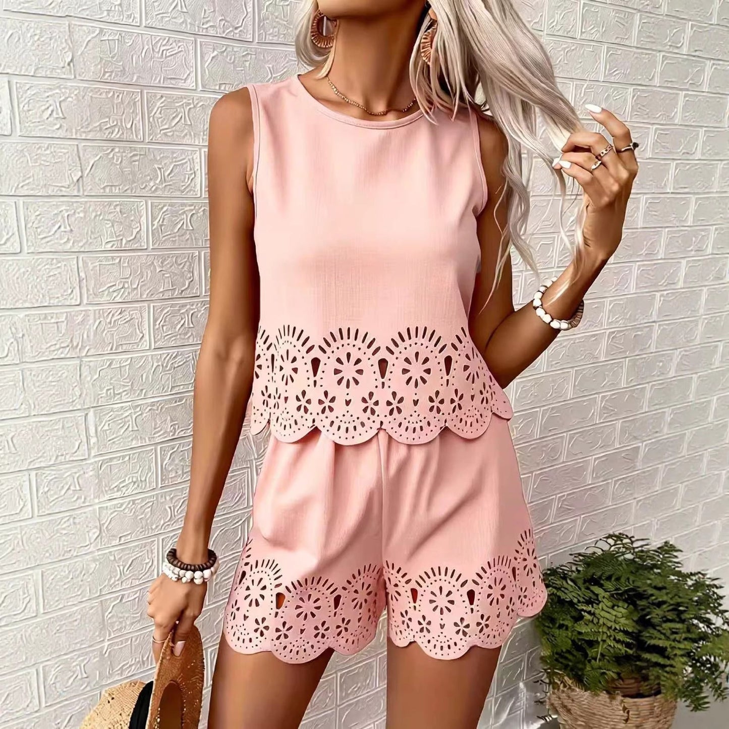 Women's Elegant Hollow-Out Floral Top & Pants Set – 2-Piece FitiqueFit