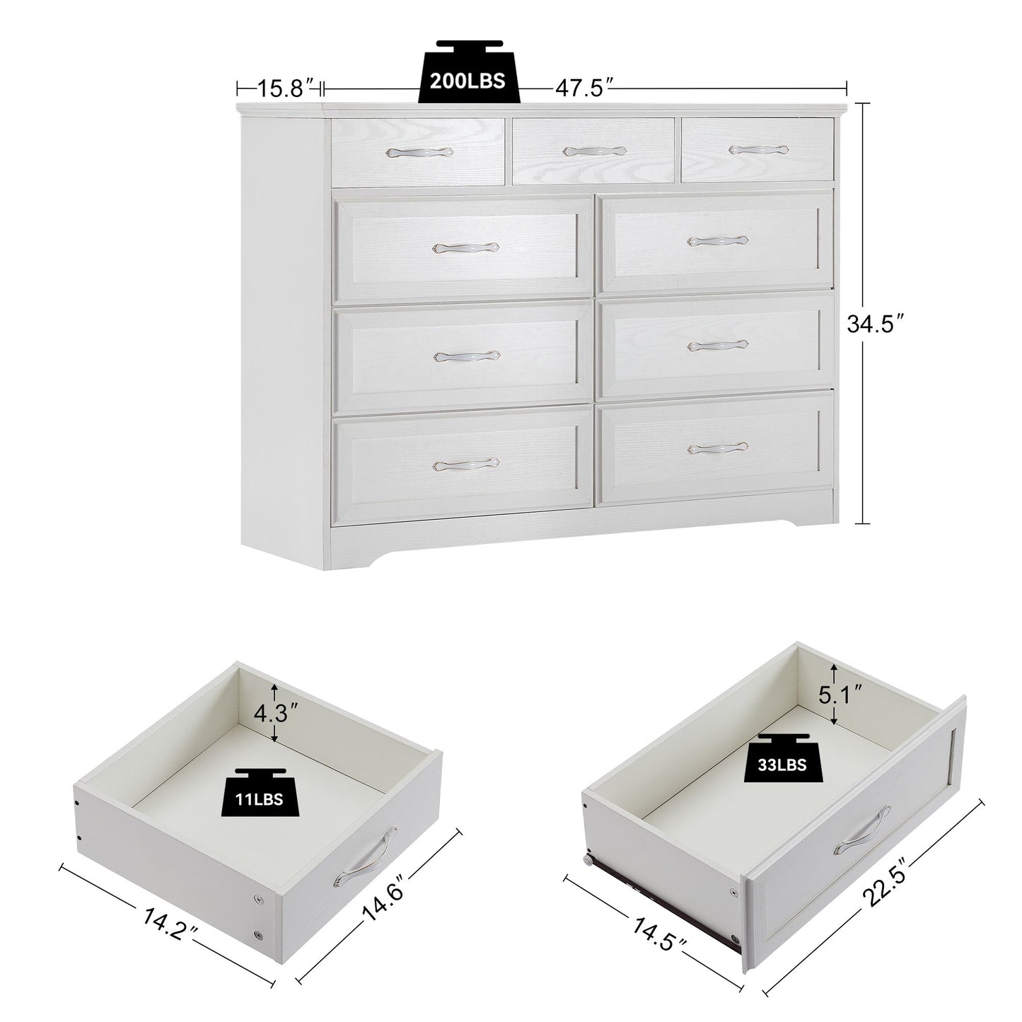 Bedroom dresser 9 drawer long dresser with antique handles wood chest of drawers for kids room 47.56''W x 15.75''D x 34.45''H