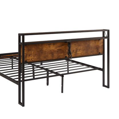 Large metal platform bed frame with wooden headboard and footboard with USB LINER and LED lights