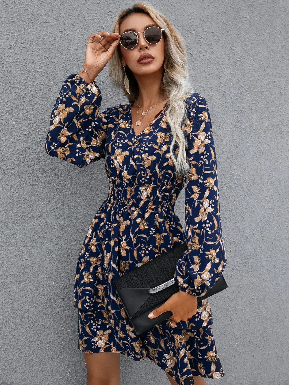 🌸 Floral Layered Surplice Balloon Sleeve Dress FitiqueFit