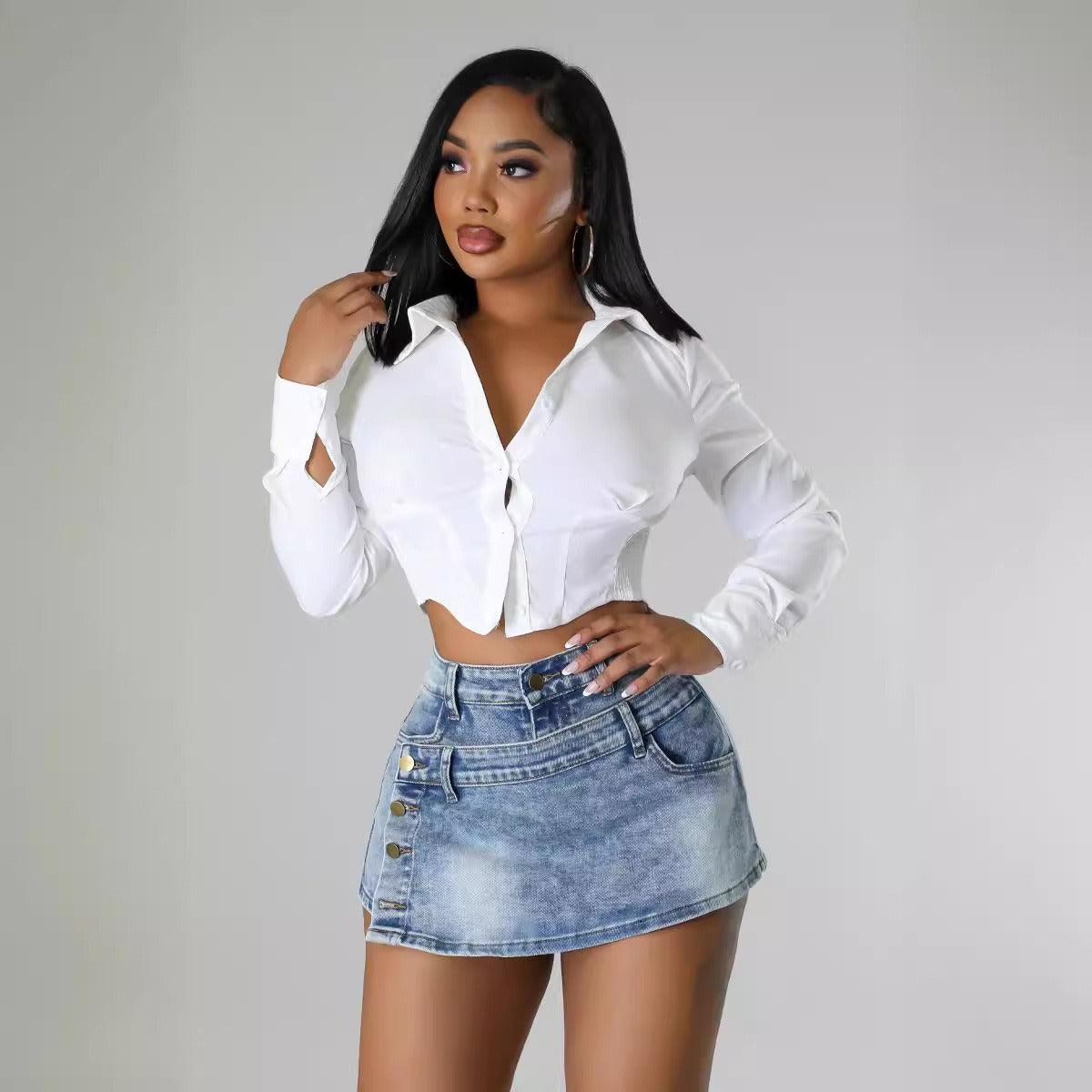 Denim Half Skirt Button-Up Shorts for Country Girls and Bartenders Country in My Heart