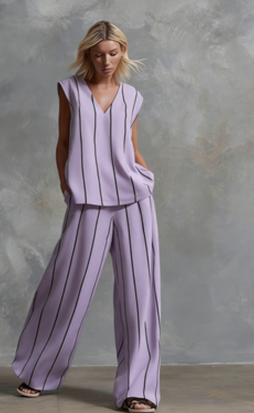 Women’s Sleeveless Striped Top and Full-Length Pants Set FitiqueFit