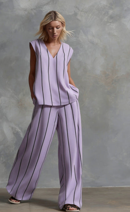 Women’s Sleeveless Striped Top and Full-Length Pants Set FitiqueFit