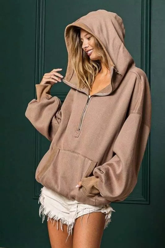 BiBi Stitch Detailed Elastic Hem Half Zip Fleece Hoodie FitiqueFit