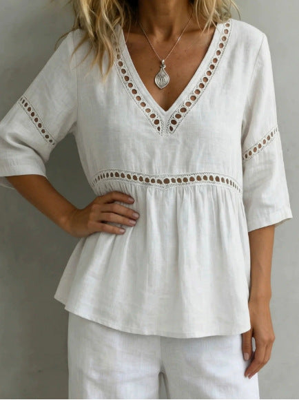 Women's V-Neck Hollow-Out Fringe Cotton-Linen Top FitiqueFit