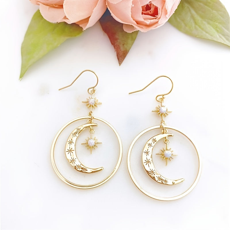Elegant Boho-Chic Golden-Tone Moonstone Dangle Earrings for Women - Crescent Moon with Star Motifs, Zinc Alloy, Perfect for Daily Wear & Parties, Moon Earrings NovaCart
