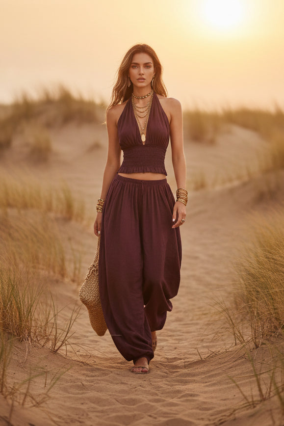 Women's Sleeveless Backless Halter Top & Wide-Leg Pants Set FitiqueFit