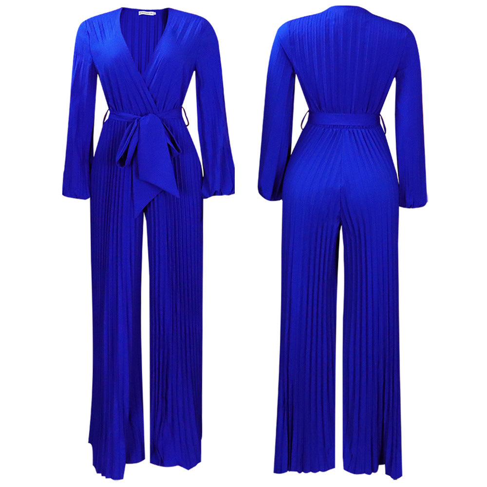 V-neck Lace Up Pleated Wide-leg Plus Size Jumpsuit See size chart under “more details” The Fashion Celestial