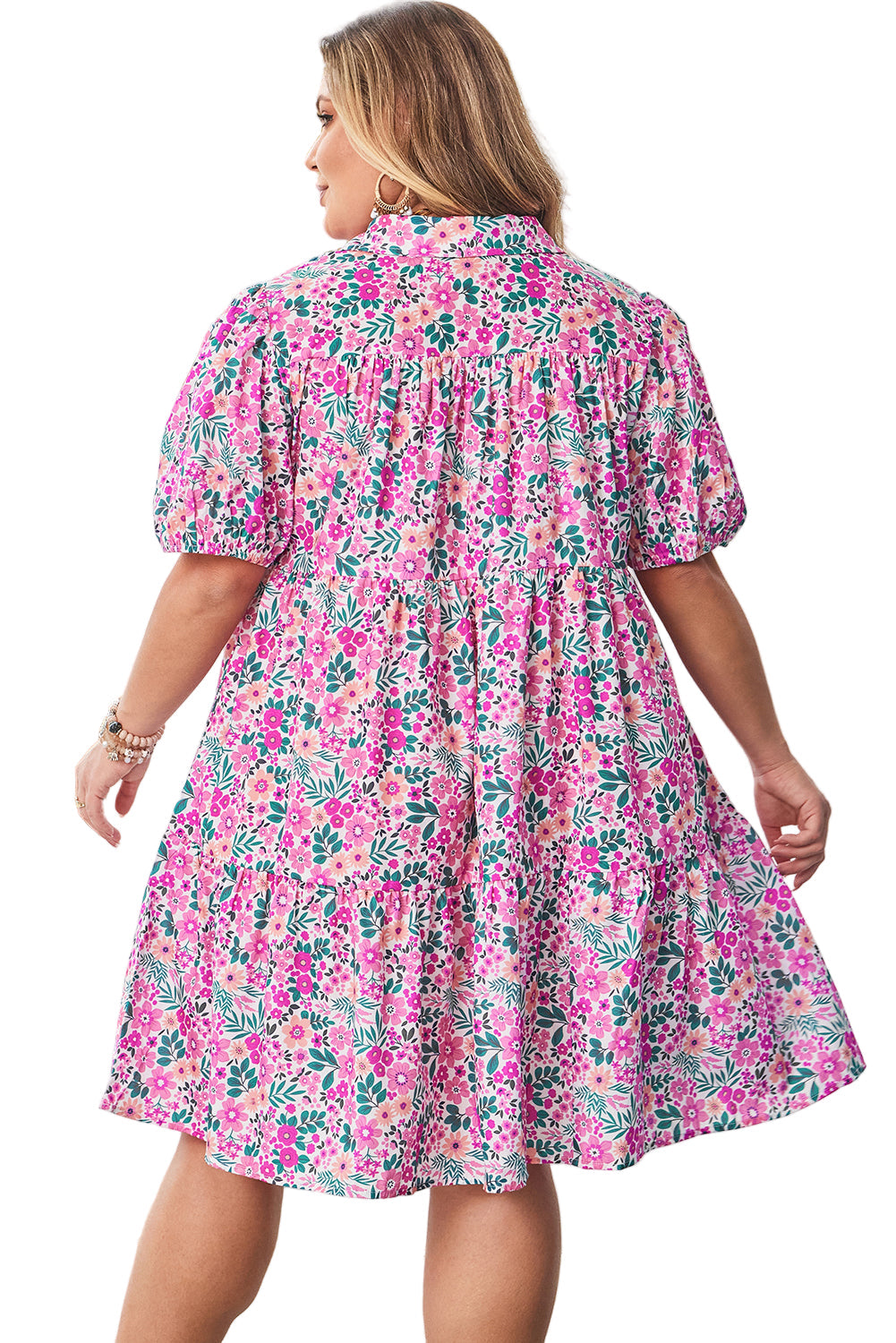 Pink Plus Size Floral Half Button Short Puff Sleeve A-line Dress Garden Naked Curves