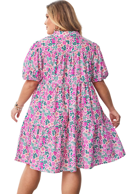 Pink Plus Size Floral Half Button Short Puff Sleeve A-line Dress Garden Naked Curves