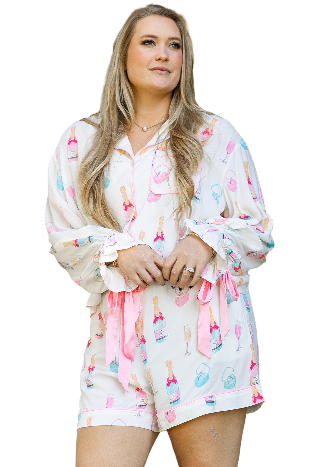 White Plus Size Wine Glass Print Bow Knot Pajama Set Garden Naked Curves