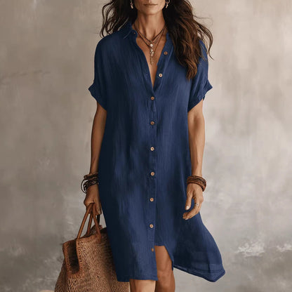 Women's Buttoned Midi Shirt Dress – Short Sleeve Cotton Linen FitiqueFit