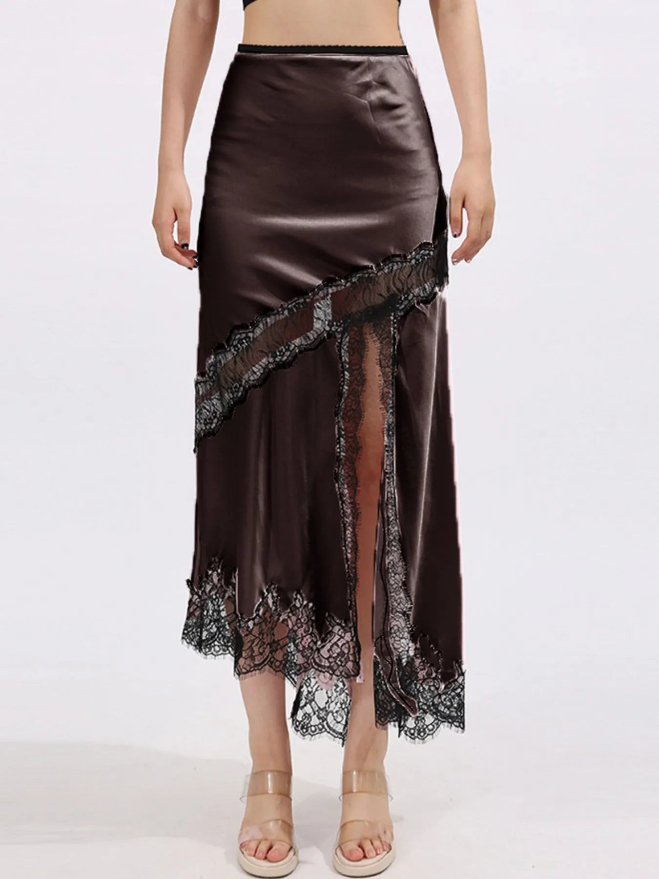 Lace Trim Asymmetrical Midi Skirt See size chart under “more details” The Fashion Celestial
