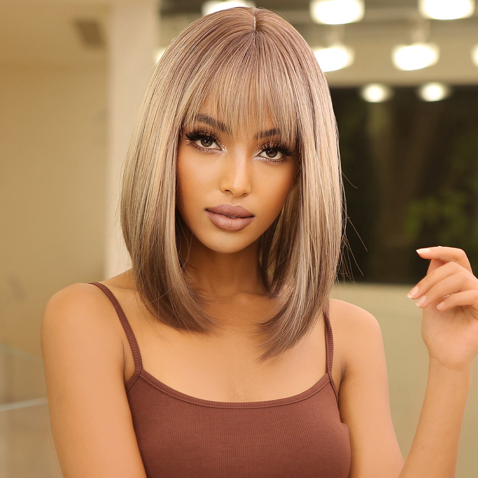 Elegant 14 inch Gray Ombre Brown Bob Wig for Women with Bangs, Shoulder Length Straight Hair Wig, High Temperature Fiber, Rose Net Cap, Natural Look NovaCart