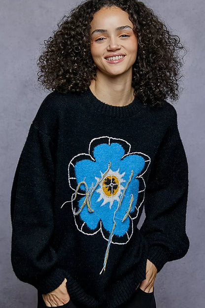 POL Floral Pattern Round Neck Sweater with Exposed Stitching FitiqueFit