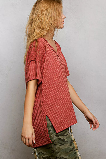 POL Ribbed Knit V-Neck Short Sleeve T-Shirt with Side Slit Montret