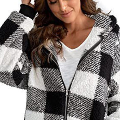 Plaid Hooded Zip-Up Oversized Jacket — Women’s Winter Commute Coat FitiqueFit