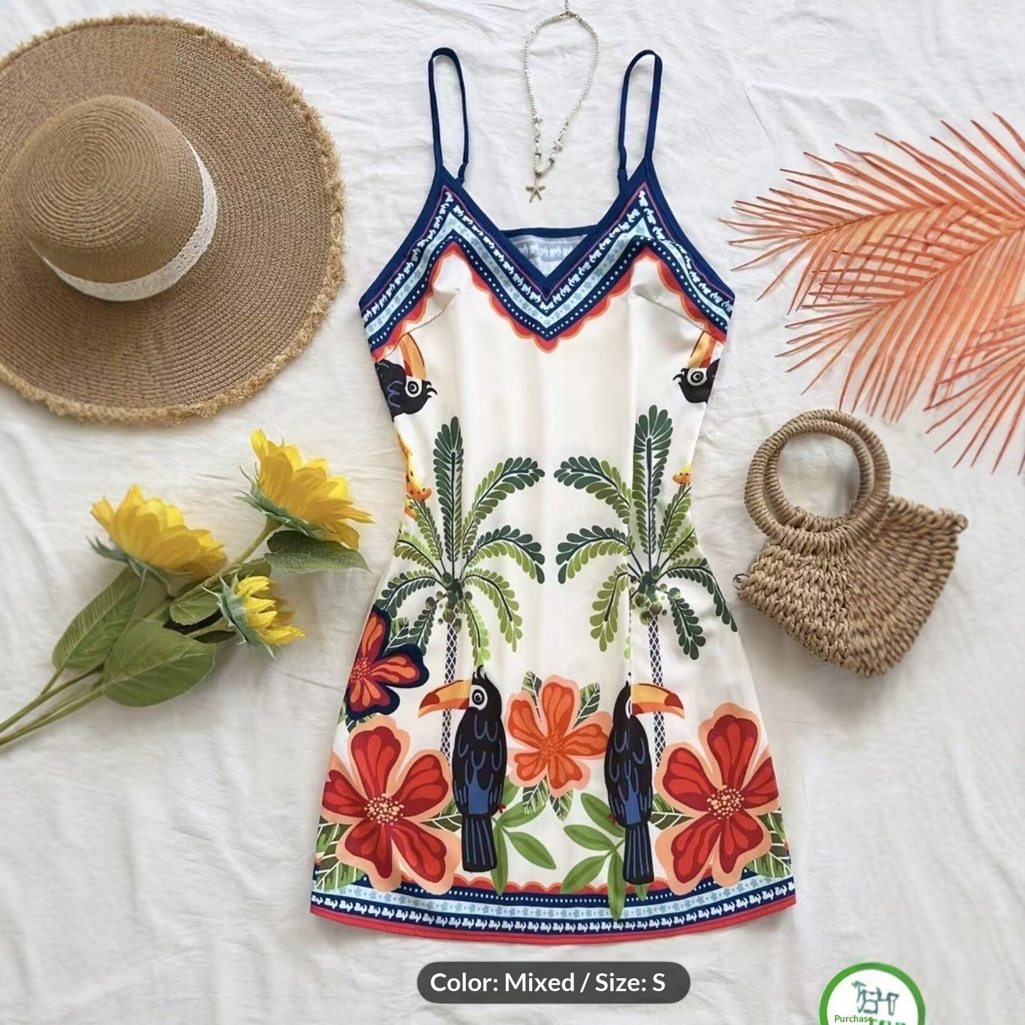 European and American-Style Tropical Print V-Neck Slip Dress FitiqueFit