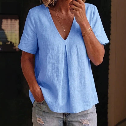 Women's Pleated Cotton-Linen Short-Sleeve Shirt – 5 Colors S–XXL FitiqueFit