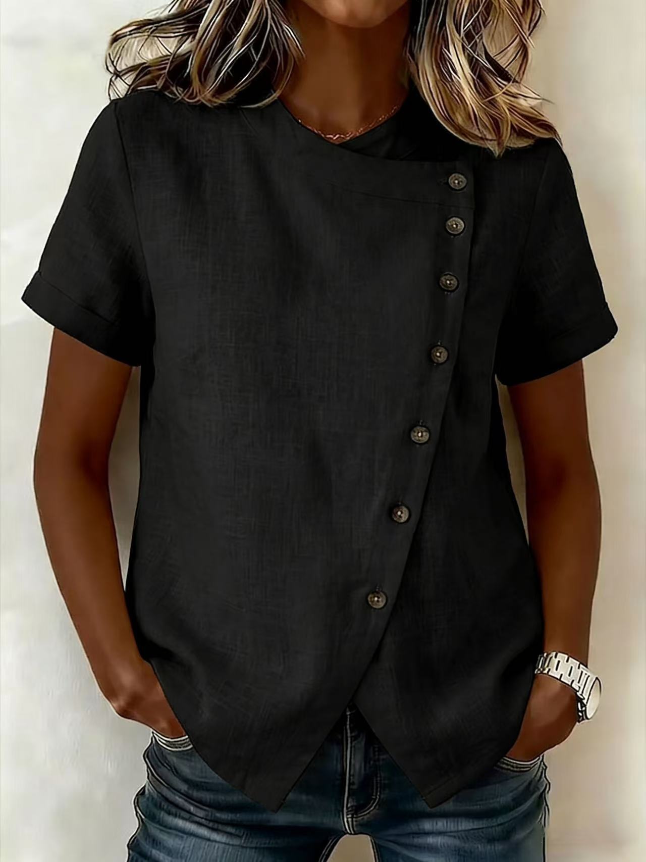Women's Cross-Neckline Asymmetrical Hem Cotton Linen Top – Loose Fit FitiqueFit