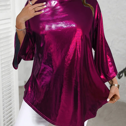 Metallic Asymmetrical 34 Sleeve Trendy Plus Size Top