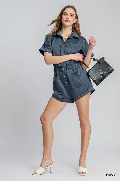 Umgee Button Down Charmeuse Romper West2East Surf
