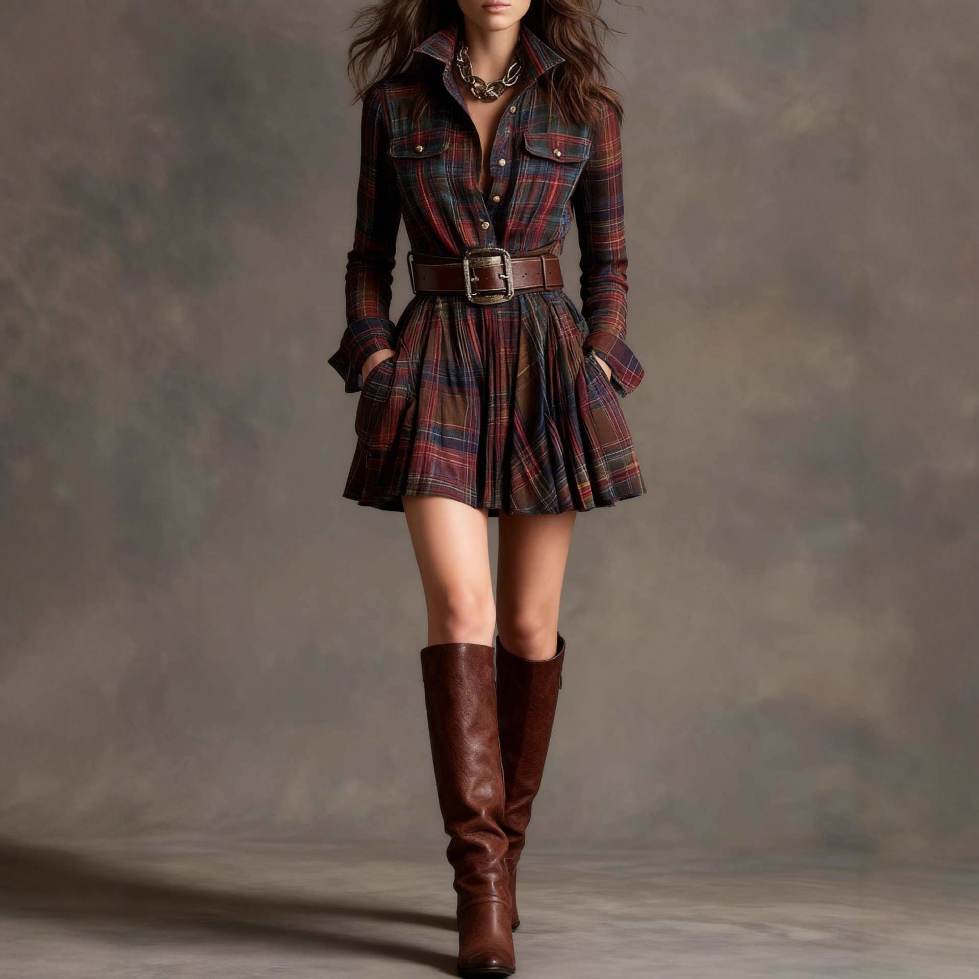 Women's Elegant Plaid Long Sleeve Mini Dress | Belted FitiqueFit