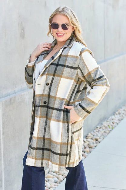 Double Take Full Size Plaid Button Up Lapel Collar Coat West2East Surf