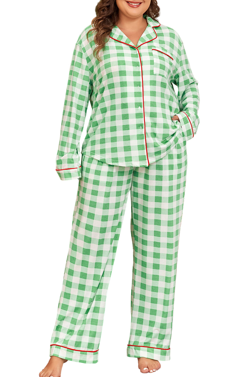 Green Plaid Print Contrast Trim Long Sleeve Plus Size Pajama Set Garden Naked Curves