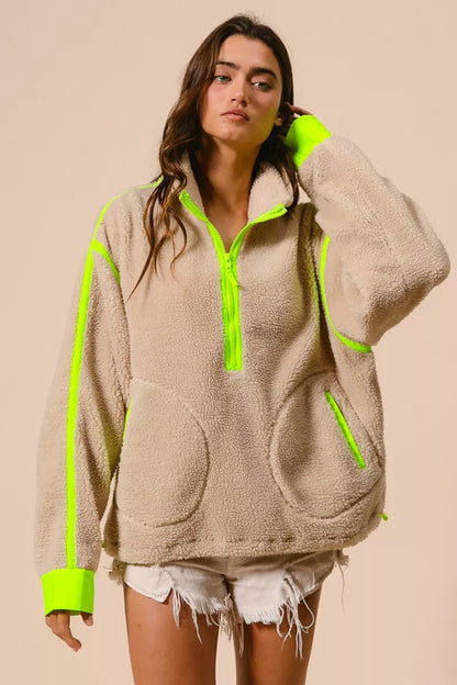 BiBi Contrast Edge Half Zip Up Sherpa Jacket FitiqueFit