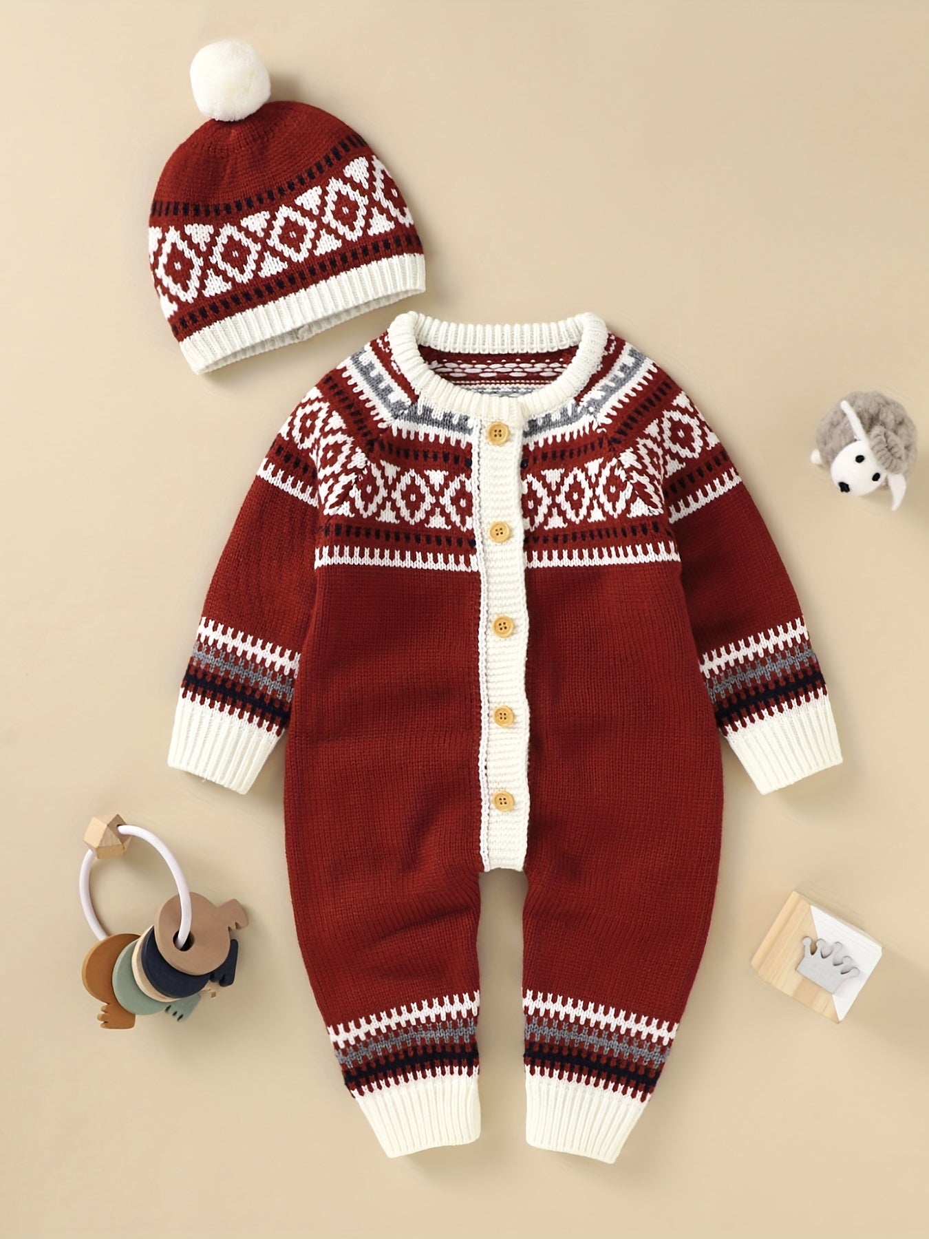 Newborn Infant Geometric Pattern Sweater Romper Long Sleeve Button Jumpsuit & Hat For Toddler Baby Boys And Girls, Suitable For Indoor And Outdoor Wear NovaCart