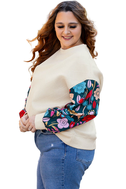 White Floral Patchwork Sleeve Textured Plus Size Pullover Top Garden Naked Curves