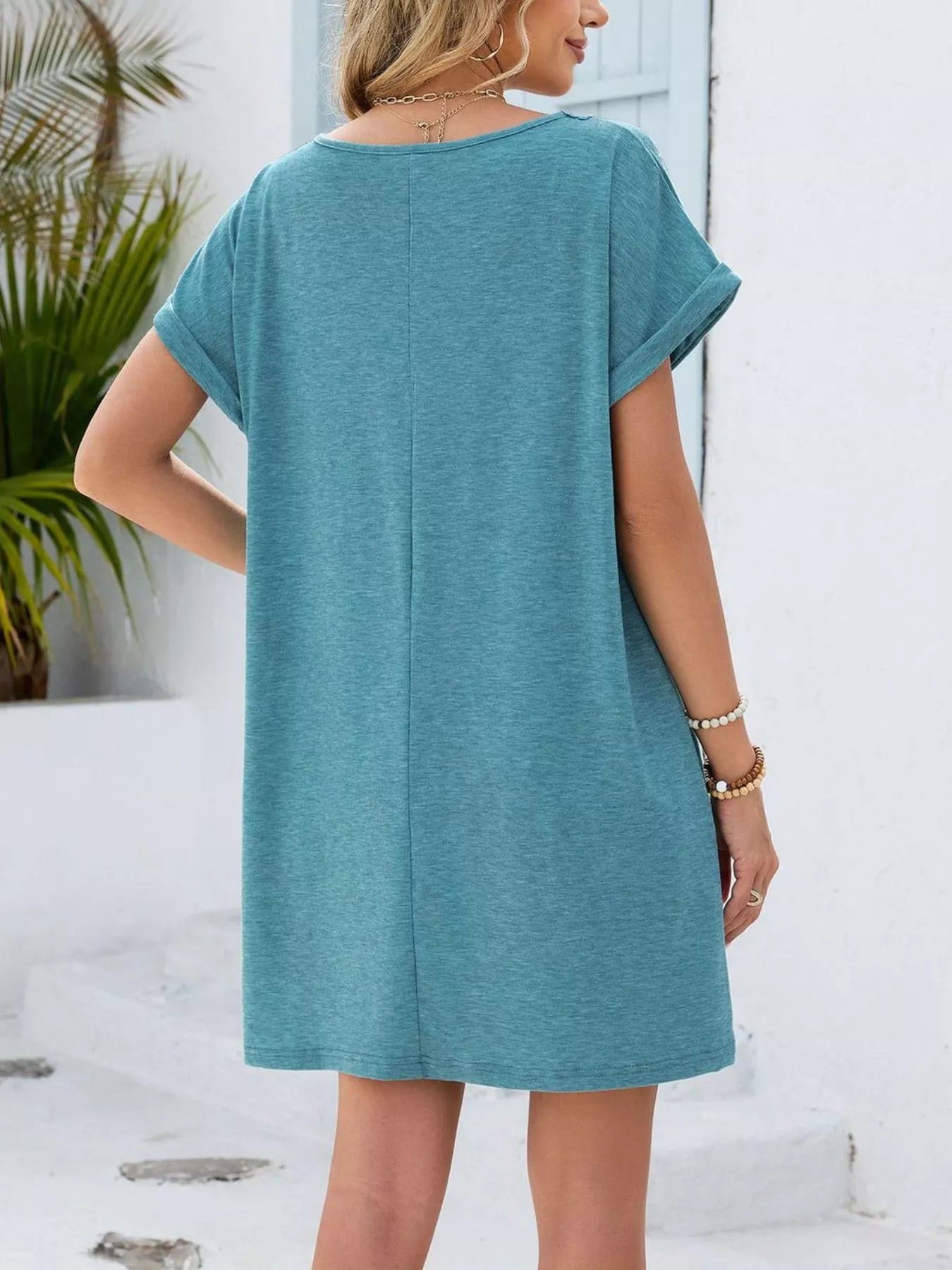 Lace Trim Notched Short Sleeve Dress New Era Fashion LLc