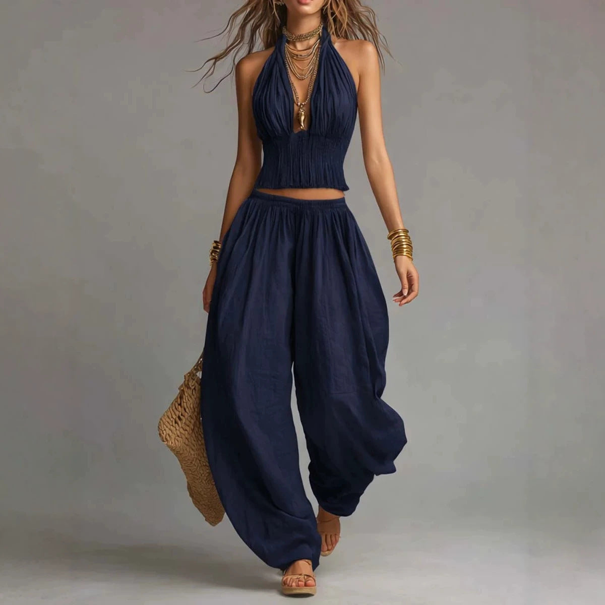 Women's Sleeveless Backless Halter Top & Wide-Leg Pants Set FitiqueFit