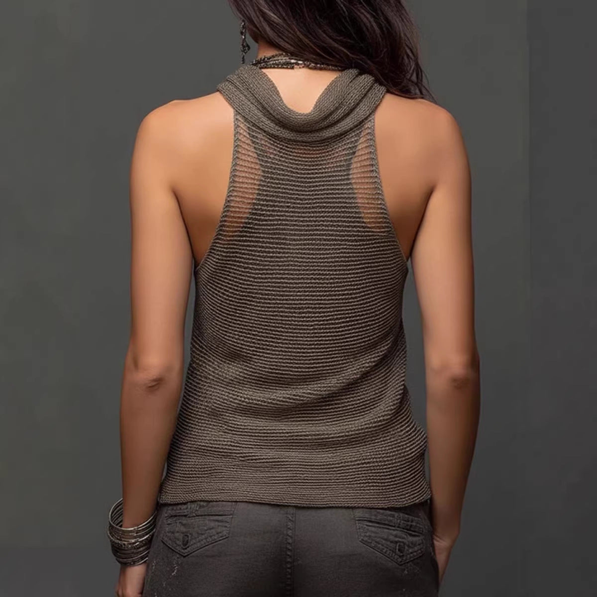 Women's Halterneck V-Neck Backless Slim-Fit Knit Top FitiqueFit