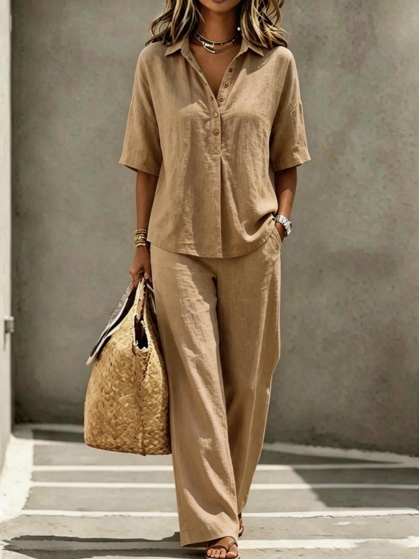 Women's Polo Neck Button-Up Top & Wide-Leg Pants Two-Piece Set FitiqueFit