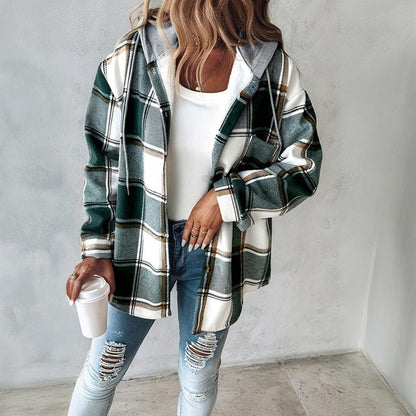 Women's Plaid Hoodie Long Sleeve Jacket With Pocket FitiqueFit