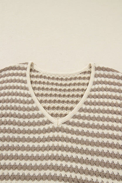 Khaki Stripe Plus Size V Neck Drop Shoulder Sweater Garden Naked Curves