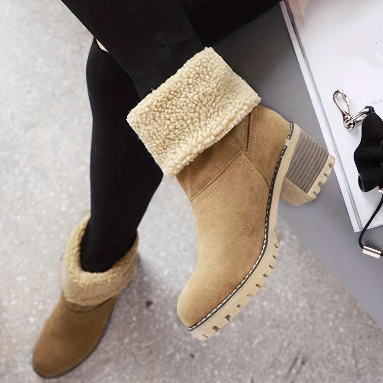 Women's Warm Faux Fur Lined Boots, Slip On Block Heeled Ankle Boots, Women's Footwear NovaCart