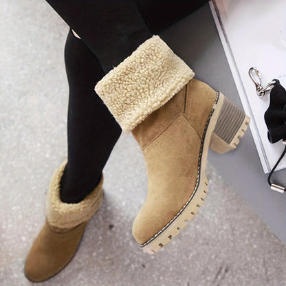 Women's Warm Faux Fur Lined Boots, Slip On Block Heeled Ankle Boots, Women's Footwear NovaCart