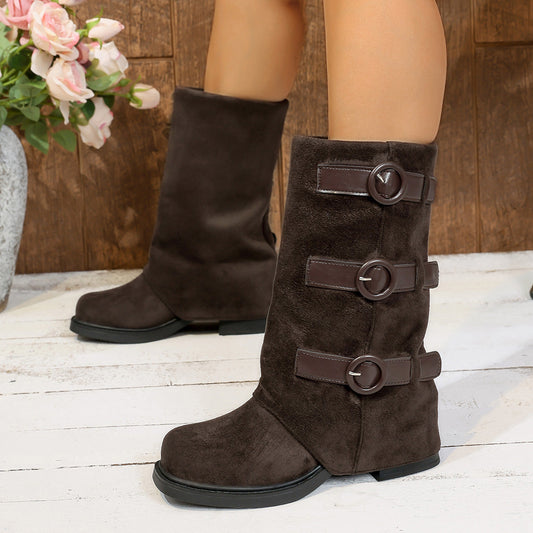 Women’s Vintage Suede Belt-Buckle Pantyhose Boots — Slim Fit Stretch Style FitiqueFit