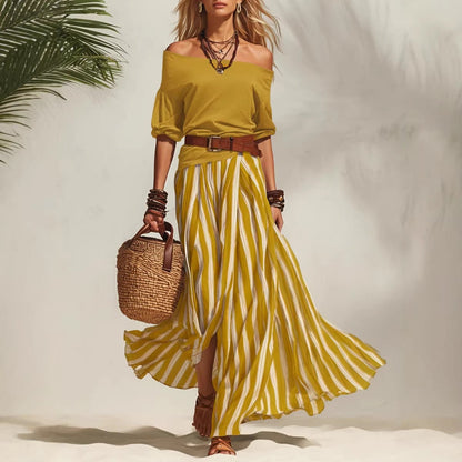 Women's Off-Shoulder Top & Slit Maxi Skirt Set FitiqueFit